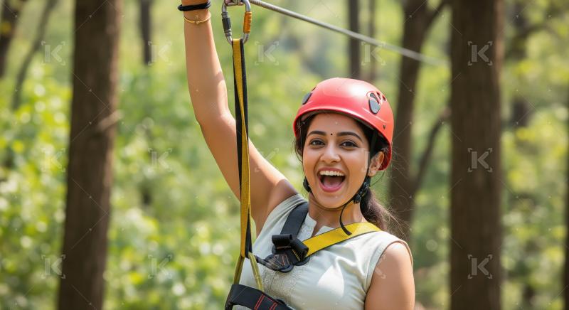 Excited woman enjoys adventurous zip-lining in lush green forest