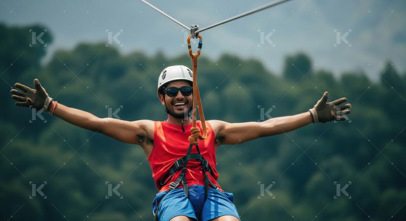 Happy Man Ziplining Through Forest with Arms Spread Wide