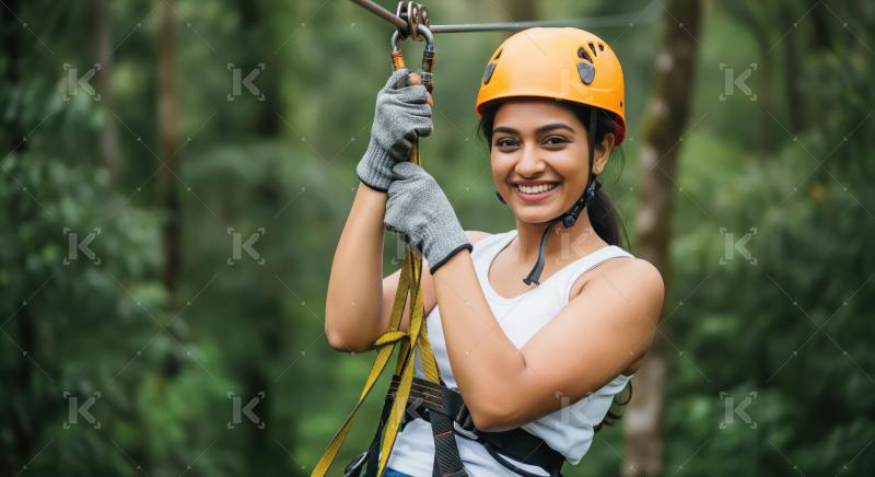 Smiling Woman Ziplining Through Lush Green Forest Adventure