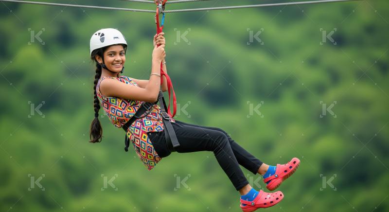 Happy Young Girl Zip-lining with a Smile Outdoors