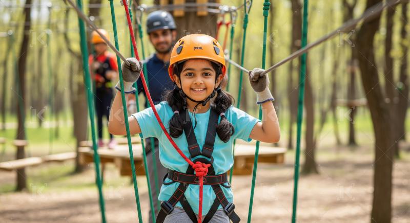 Young girl smiles confidently on thrilling adventure park course