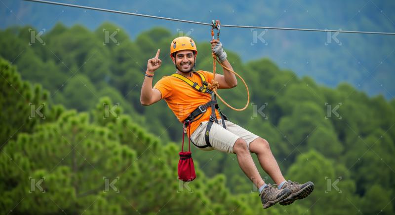 Young Man Enjoying Thrilling Zip-line Adventure Over Forest