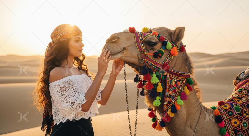Boho Woman Petting Adorned Camel in Golden Desert Sunset