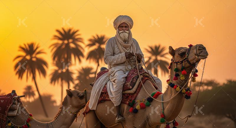 Elderly Man Rides Decorated Camel Through Desert Sunset
