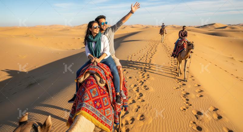 Happy couple on camel ride, desert adventure in golden light