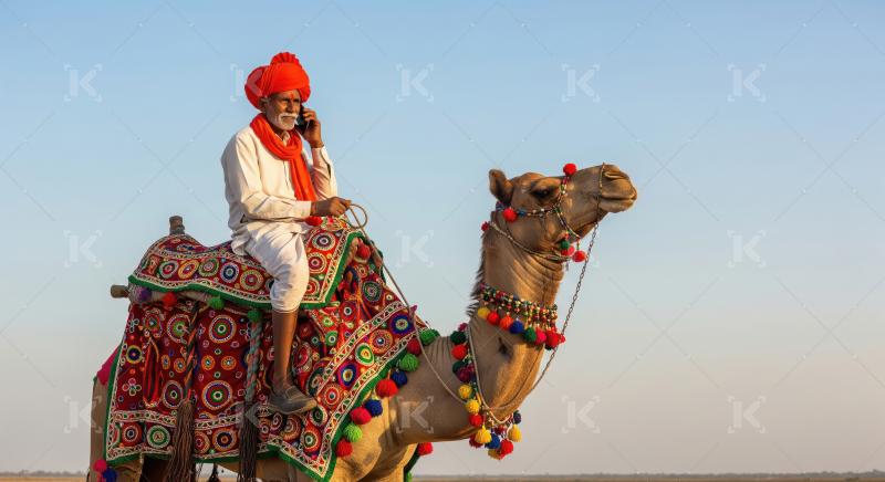 Traditional Indian Man on Decorated Camel Using Smartphone