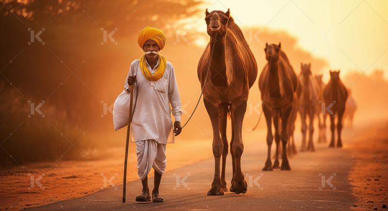 Indian man guides camels on dusty road at golden hour.