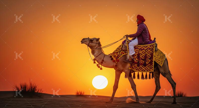 Traveler on Camel Against Stunning Desert Sunset