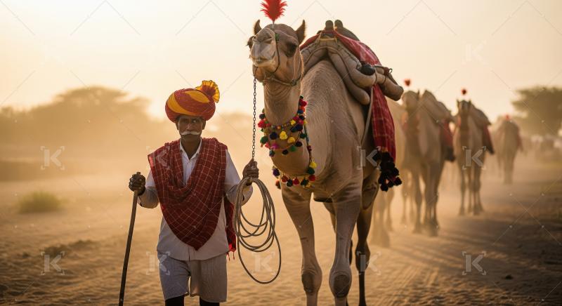 Traditional Indian Herder Guides Decorated Camels at Sunrise