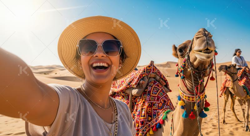 Happy Woman Takes Selfie with Adorned Camel in Sunny Desert