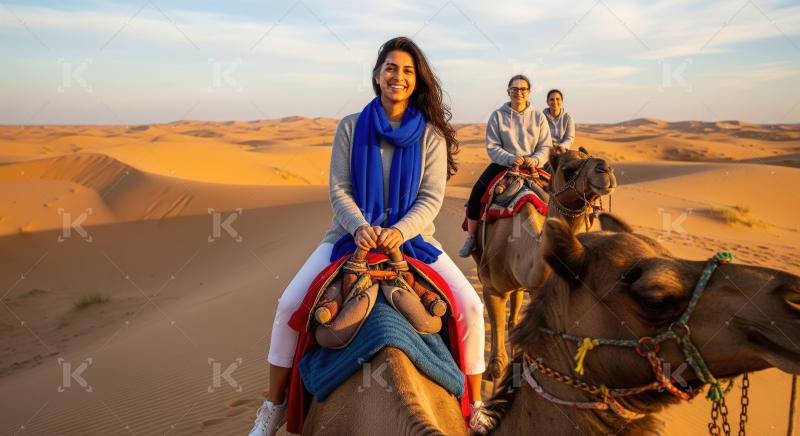 Smiling Women on Camel Ride Through Golden Desert Dunes