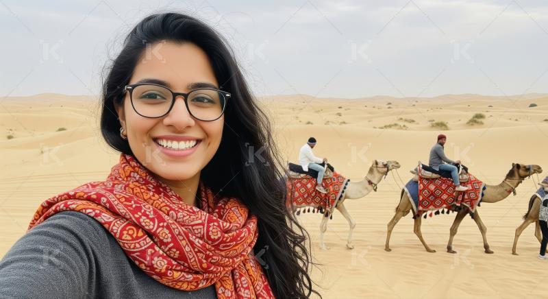 Smiling Woman Selfie with Camel Caravan in Desert Landscape