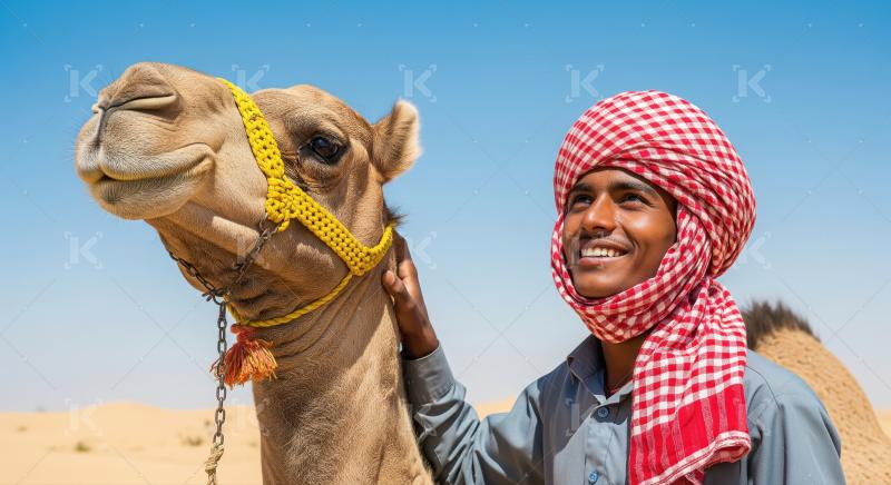 Smiling man and camel in desert under clear blue sky