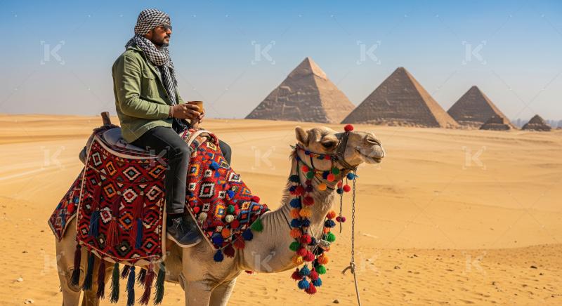 Man on Camel with Pyramids of Giza in Egyptian Desert