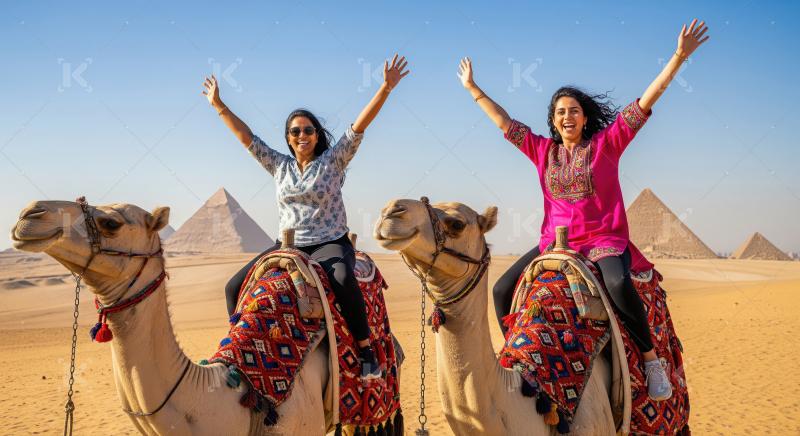 Two happy women riding camels at the Giza Pyramids