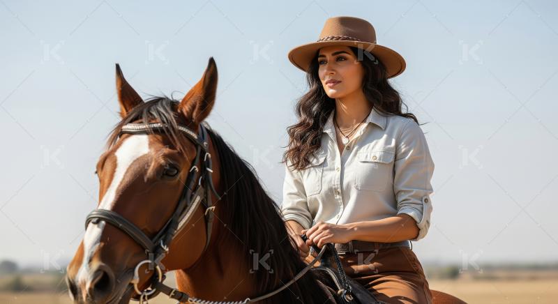 Elegant woman riding horse, looking confident under clear sky.