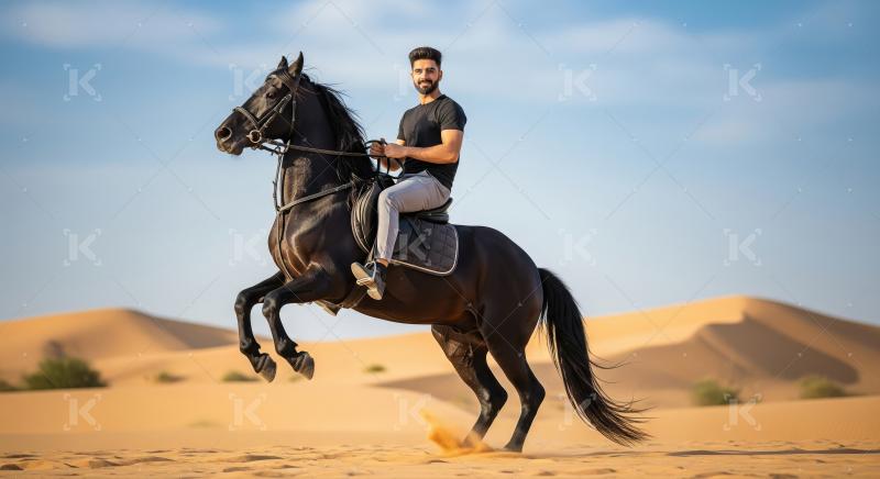 Man Riding Majestic Black Horse Rearing in Desert Landscape