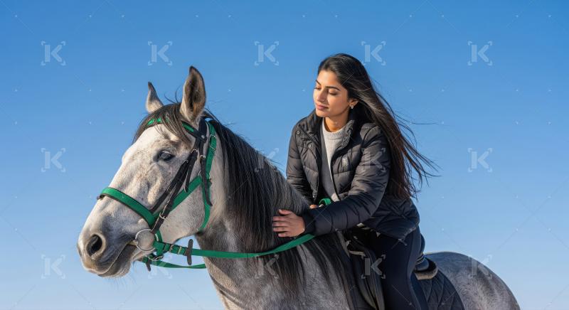 Woman Gently Rides Grey Horse Under Clear Blue Sky