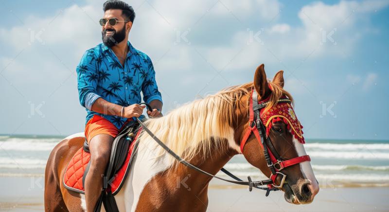 Smiling Man Enjoys Horse Ride on Tropical Beach Vacation