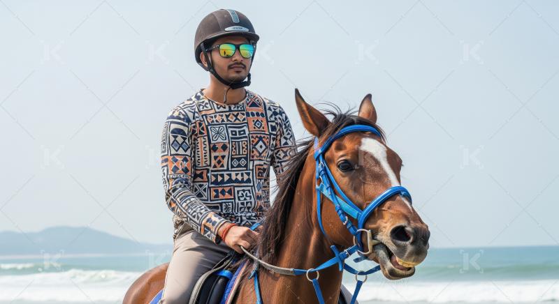 Young Man Horseback Riding on Tropical Beach Coastline
