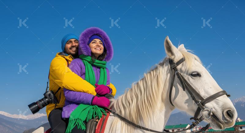 Happy Couple Riding White Horse on Winter Mountain Holiday