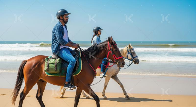 Young couple enjoying horseback riding on a sunny beach vacation