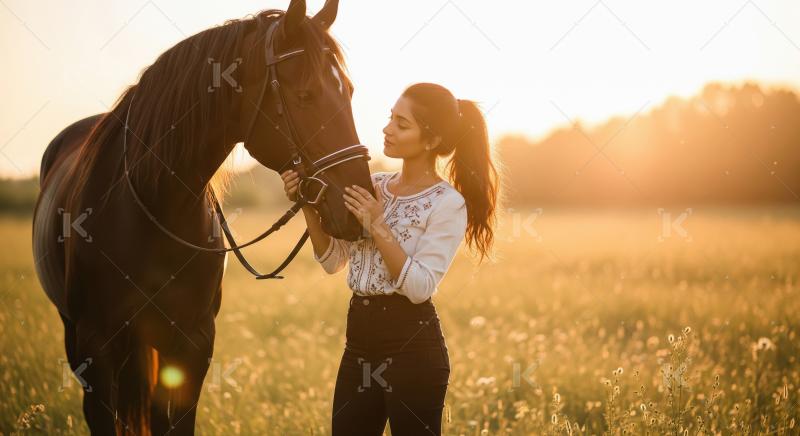 Woman and Horse in Golden Sunset Field
