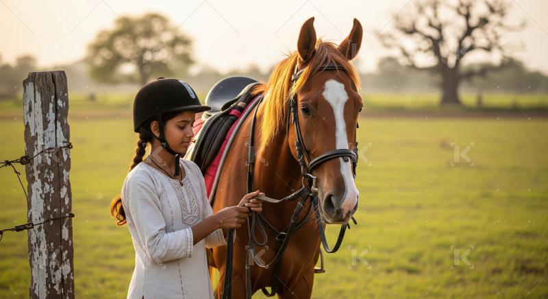 Young Girl and Horse in Golden Hour Field