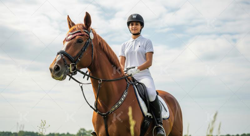 Confident Young Female Equestrian Riding Beautiful Horse Outdoor