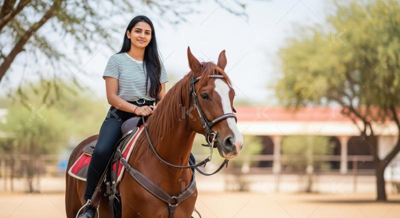 Indian Woman Smiling While Riding a Beautiful Brown Horse