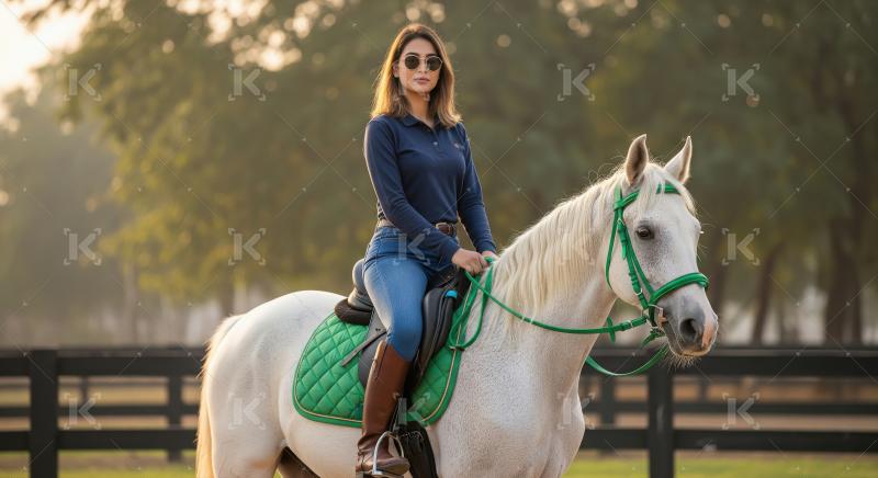 Elegant Woman Riding White Horse in Golden Hour Sunlight