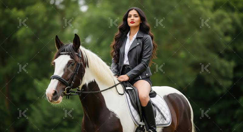 Confident Woman on Pinto Horse in Lush Green Setting