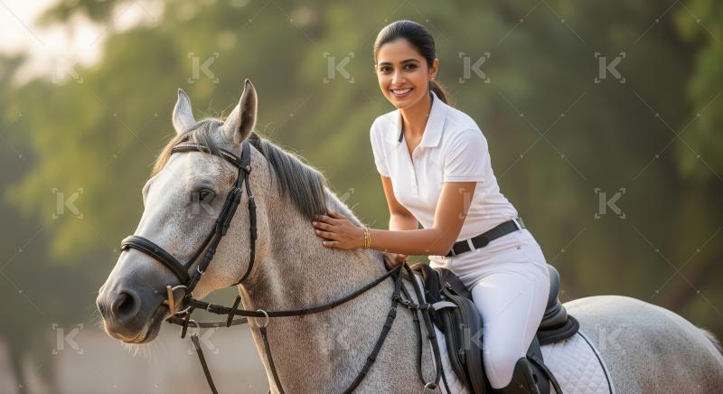 Smiling Woman Horseback Riding, Gentle Touch on Equine Companion