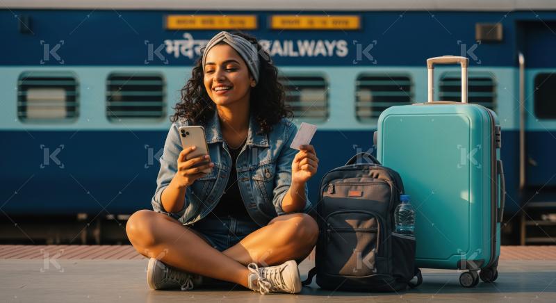 Happy Indian Woman Using Phone and Ticket at Train Station