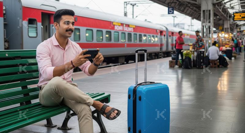 Young Indian Man Uses Smartphone While Waiting at Train Station