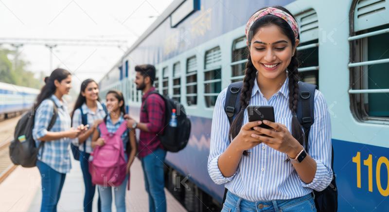 Young Indian Students Using Phone at Busy Railway Station