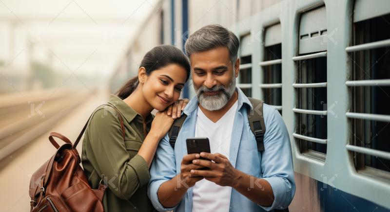 Happy Indian Couple Shares Phone at Busy Train Station