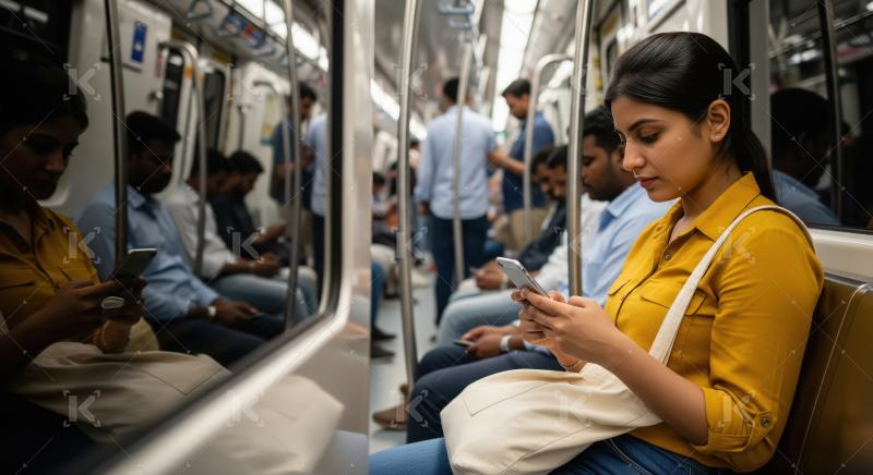 Young woman texting on phone during urban metro commute