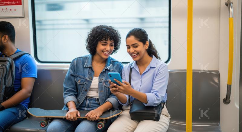 Young Friends Sharing Smartphone on Metro Train Ride