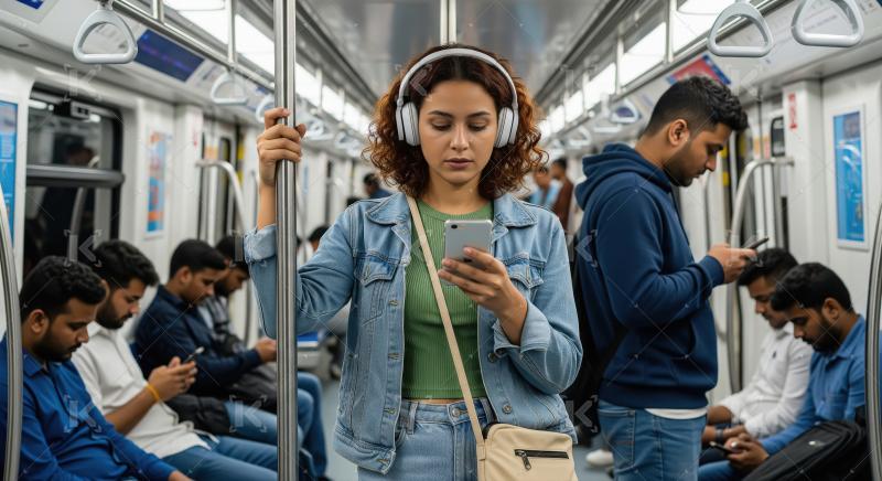 Young woman uses phone with headphones on subway train