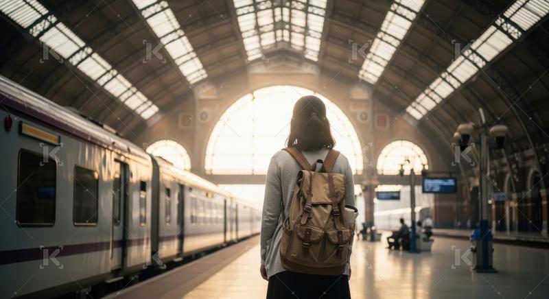 Solo traveler with backpack on train platform, bathed in sunligh