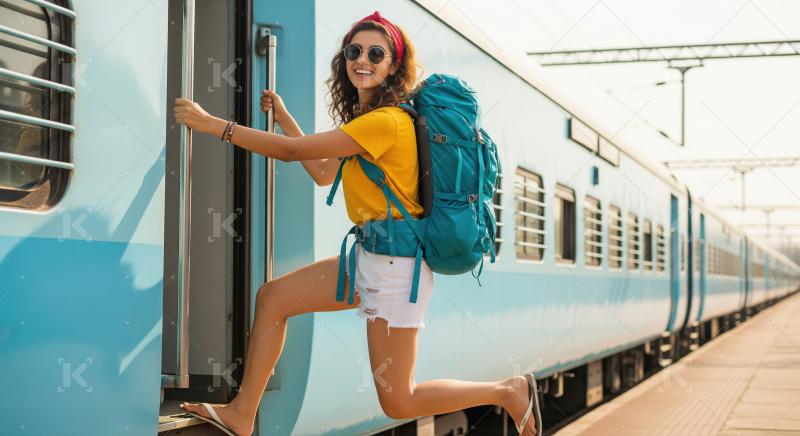 Happy young woman boarding blue train for summer travel