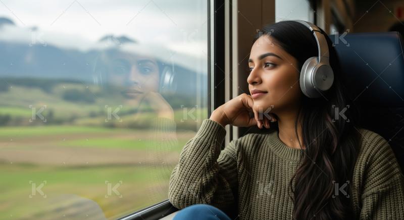 Young Woman Enjoying Music and Scenic Views on Train Journey