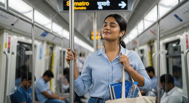 Young Indian Woman Enjoying Music on Metro Train