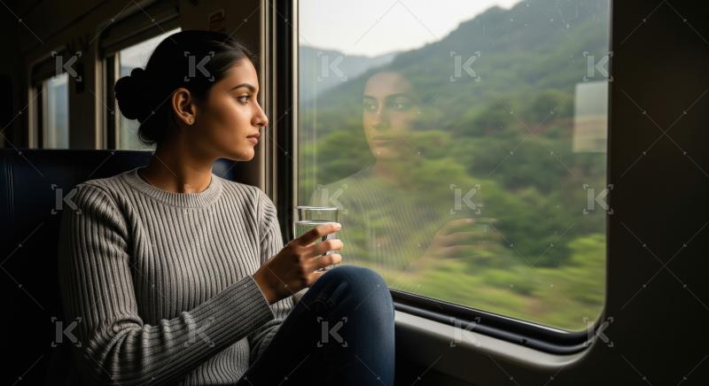 Young Indian woman contemplating outside train window with refre