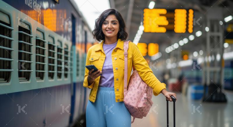 Happy Indian Woman at Train Station, Ready for Journey
