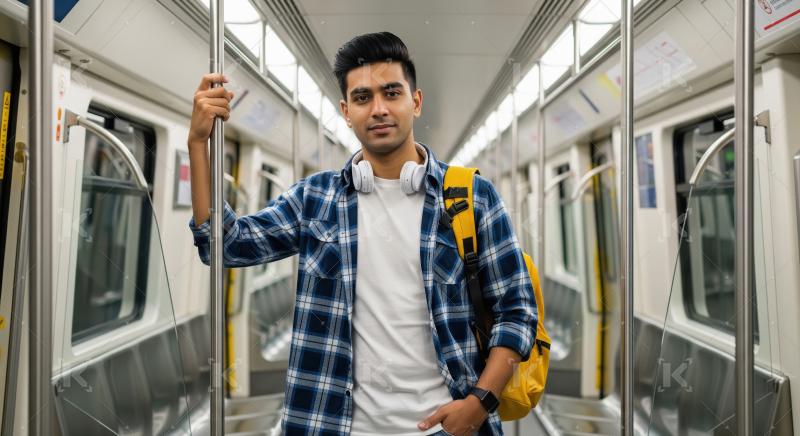 Young Indian Man Commuting in Modern Metro Train
