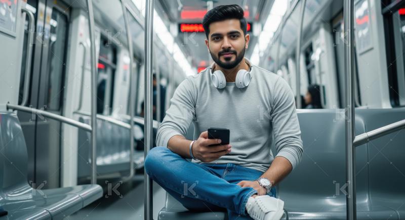 Bearded man relaxing with smartphone on a modern subway.