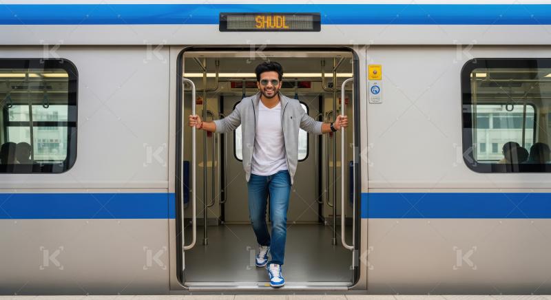 Young man confidently exits modern metro train, smiling