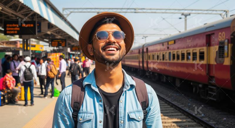 Young Indian Man Smiles at Busy Train Platform